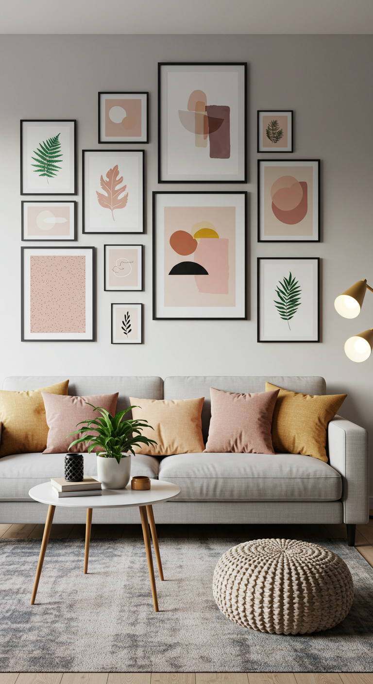 A modern living room with a gray sofa, mustard and pink pillows, abstract art gallery wall, white coffee table, potted plant, and cozy knitted pouf.