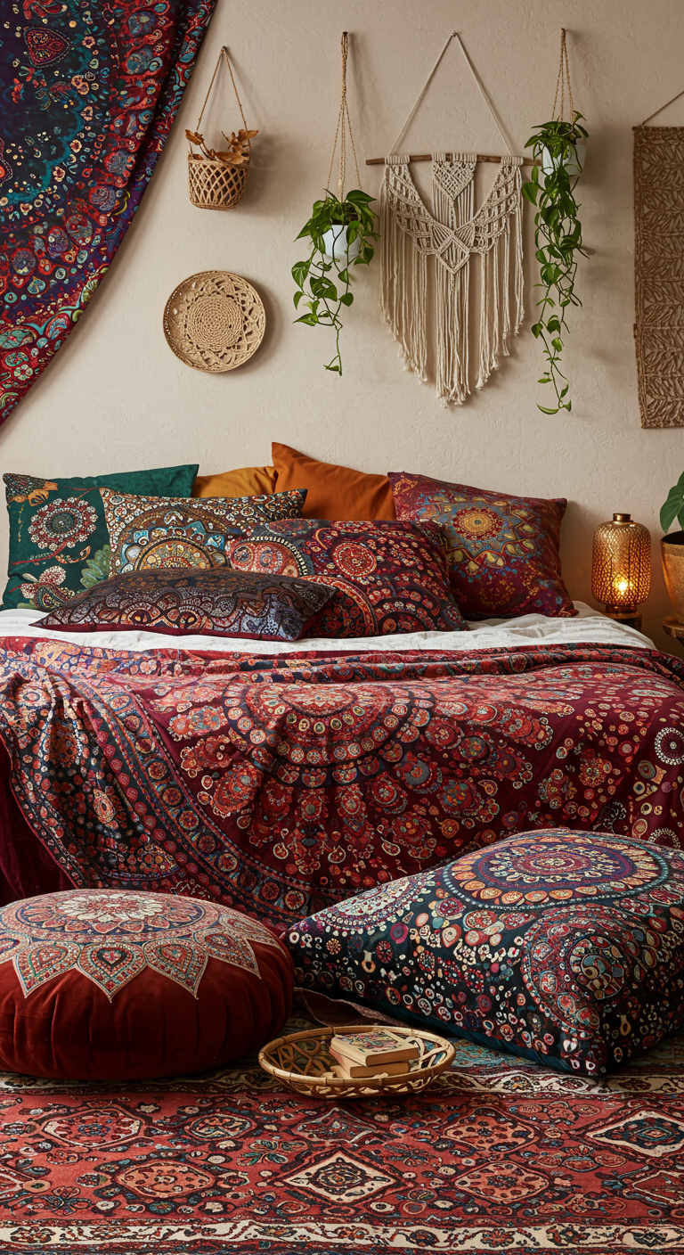 Bohemian-style bedroom with vibrant, patterned bedding and pillows, lush greenery, and macramé wall hangings, creating a warm, cozy atmosphere.