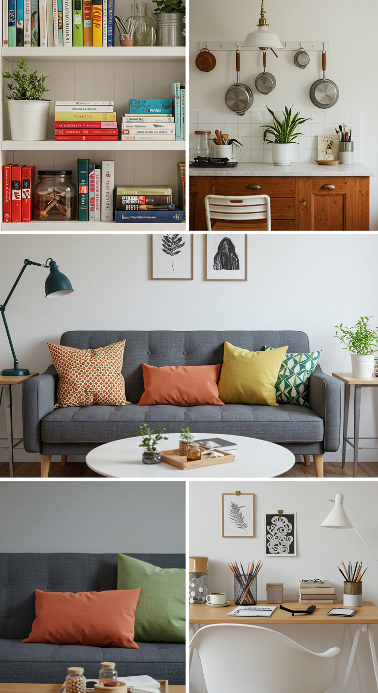 Collage of a cozy living room and kitchen: a shelf with colorful books and plants, a kitchen wall with hanging pans, a gray sofa with vibrant pillows, and a neat desk with art supplies.