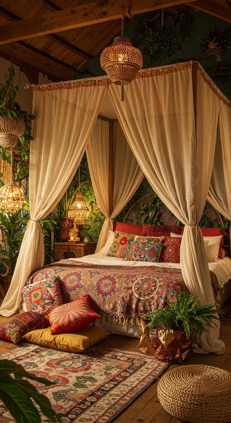 Cozy bohemian bedroom with a canopy bed draped in sheer curtains. Vibrant mandala-patterned bedding, colorful cushions, and lush plants create a warm, inviting atmosphere.