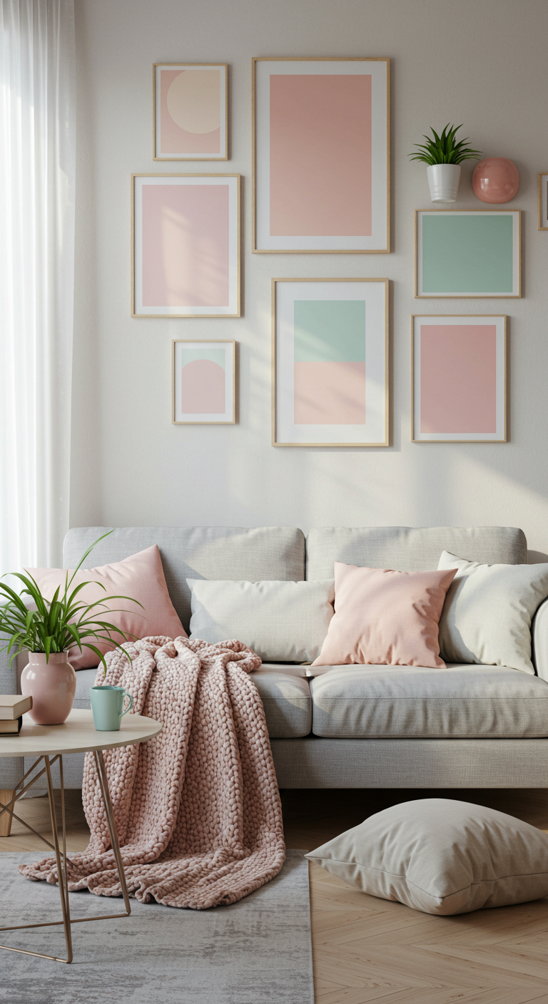 A cozy living room with a light gray sofa, pink and white cushions, a pink knit throw, and a potted plant on a wooden table. Abstract art decorates the wall, enhancing the calming pastel tones.