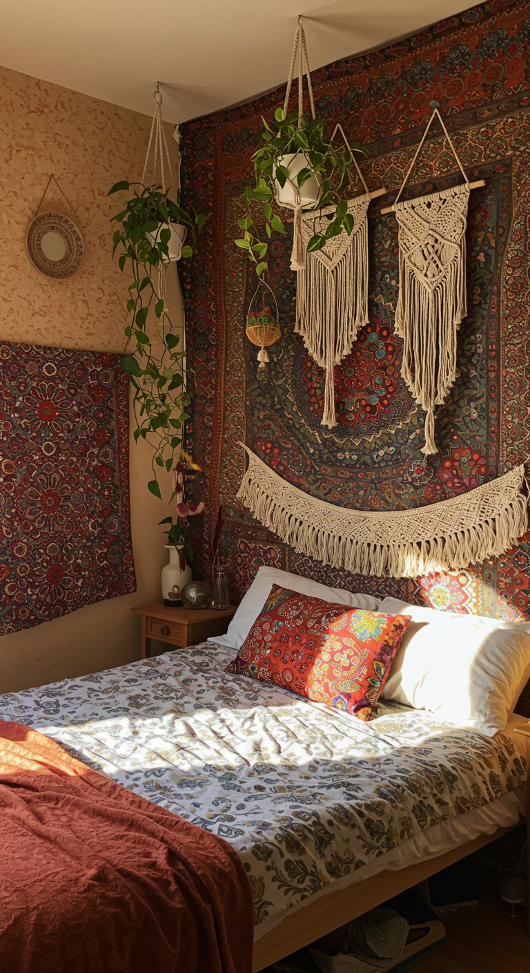 Cozy bedroom with bohemian decor. Features vibrant tapestries, hanging plants, macramé art, and a patterned bed adorned with a colorful pillow. Warm sunlight casts a serene glow.