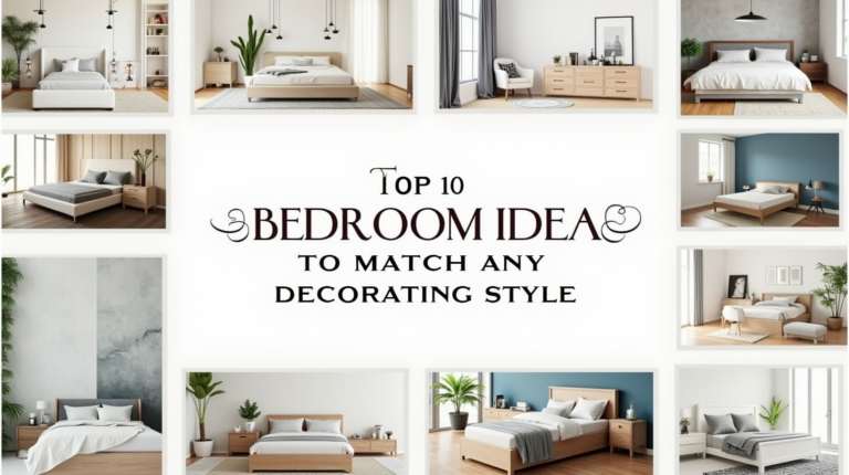 Top 10 Bedroom Ideas to Match Any Decorating Style Grid of stylish bedrooms showcasing varied decor styles. Central text reads "Top 10 Bedroom Ideas to Match Any Decorating Style" in elegant font.