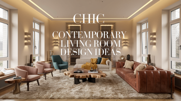 Chic Contemporary Living Room Design Ideas Stylish living room with modern decor. Features a beige sofa, leather couch, pink and teal chairs, wooden coffee table, and large windows. Cozy ambiance.