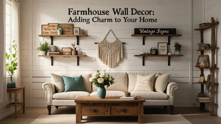 Farmhouse Wall Decor to Brighten Your Home Living room with rustic farmhouse decor. Beige sofa with teal pillow, wooden shelves with signs and plants, macramé wall hanging, and wooden coffee table. Warm and cozy vibe.