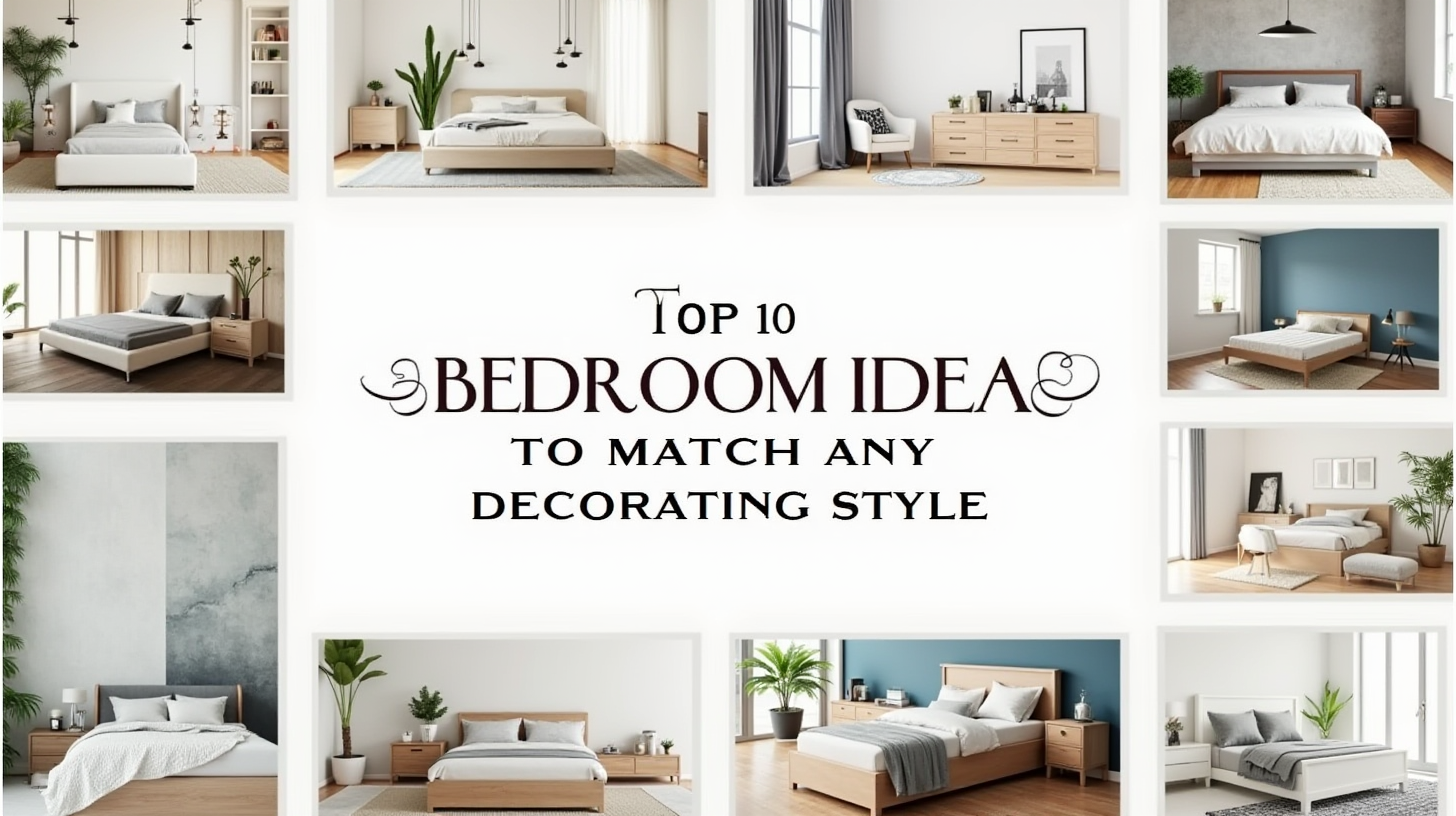 Top 10 Bedroom Ideas to Match Any Decorating Style Grid of stylish bedrooms showcasing varied decor styles. Central text reads "Top 10 Bedroom Ideas to Match Any Decorating Style" in elegant font.