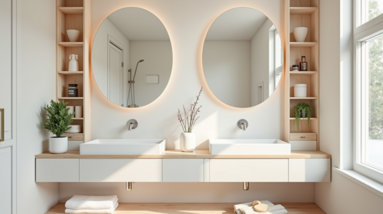 Space-Saving Small Bathroom Ideas and Inspiration Modern bathroom with two oval mirrors above square sinks on a wooden countertop. Shelves hold plants and toiletries, creating a serene, minimalist vibe.