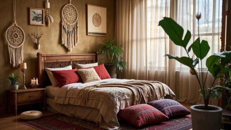 Top Boho Bedroom Trends You’ll Love This Year Cozy bedroom with bohemian style, featuring a wooden bed, red and beige cushions, dreamcatchers, plants, soft lighting, and sheer curtains.