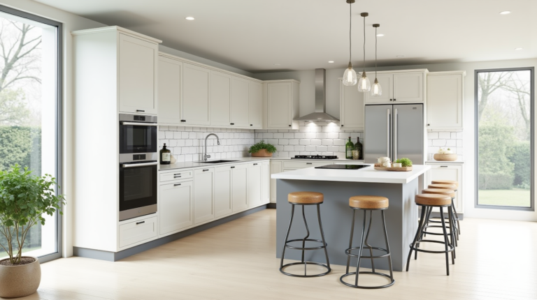 Essential Tips for Kitchen Design and Layout Bright kitchen with white cabinets, farmhouse sink, and island with bar stools. Large windows and pendant lights create a cozy, spacious feel.