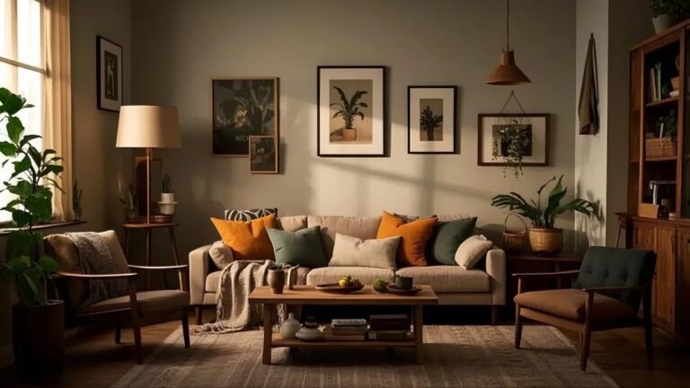 Cozy Budget Friendly Home Decor Ideas Cozy living room with a beige sofa adorned with colorful cushions against a gallery wall of botanical prints. Warm lighting and plants create a serene atmosphere.