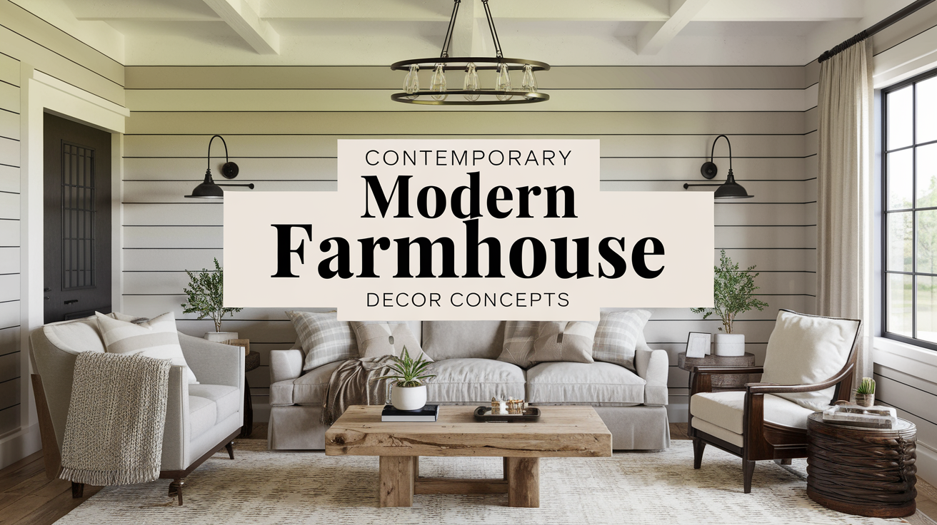 Contemporary Modern Farmhouse Decor Concepts Alt text: Cozy modern farmhouse living room with beige sofa, wooden coffee table, and striped white walls. Text overlay reads "Contemporary Modern Farmhouse Decor Concepts." The room features neutral tones, black industrial-style light fixtures, and large windows with natural light.