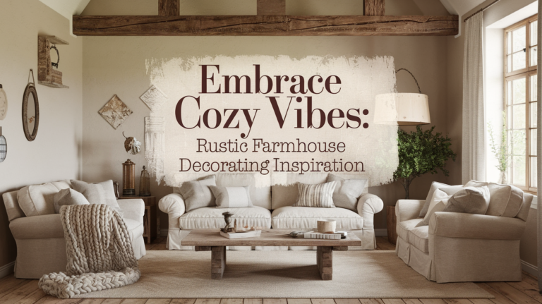 Embrace Cozy Vibes: Rustic Farmhouse Decorating Inspiration A cozy living room with neutral-toned farmhouse decor. Features include beige sofas, a wooden coffee table, and text: "Embrace Cozy Vibes: Rustic Farmhouse Decorating Inspiration."