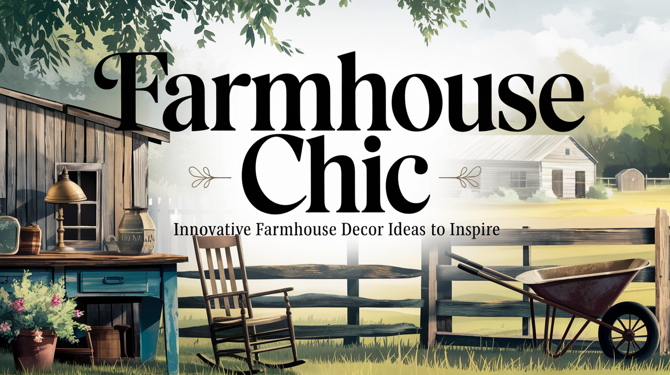 Innovative Farmhouse Decor Ideas to Inspire Alt text: "Farmhouse Chic title over a rustic scene with a wooden chair, blue table, flowers, and wheelbarrow. A peaceful barnyard setting conveys charm."