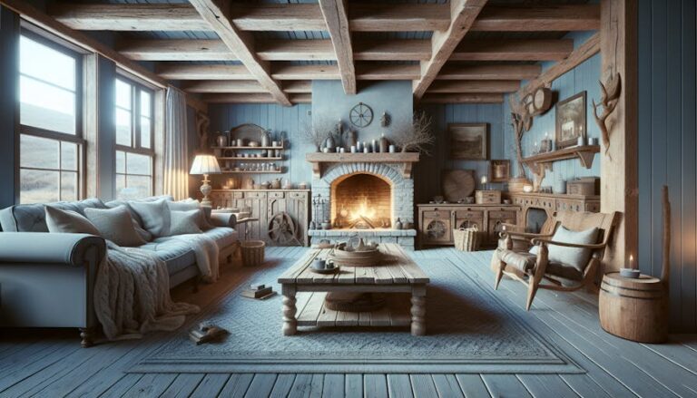 Cozy Up Your Home: Farmhouse Living Room Design Ideas Cozy rustic living room with wooden beams, a roaring fireplace, and vintage decor. Soft lighting and comfortable seating create a warm, inviting atmosphere.