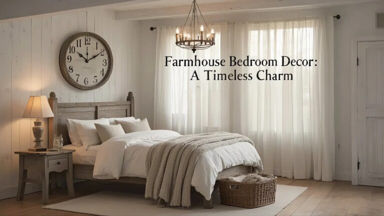 Revamp Your Space with Farmhouse Bedroom Decor Cozy farmhouse bedroom with rustic wood bed, neutral bedding, large wall clock, and soft lighting. A chandelier hangs, creating a warm, inviting space.