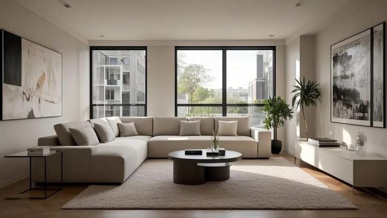 A sleek modern living room with minimalist furniture, large windows allowing natural light to flood in, a stylish sectional sofa in neutral tones, a geometric coffee table, and abstract artwork on the walls, complemented by potted indoor plants and a cozy textured rug.