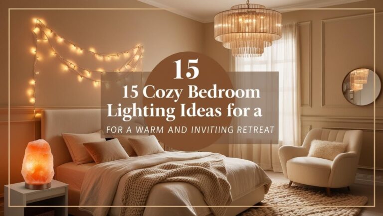 15 Cozy Bedroom Lighting Ideas for a Warm and Inviting Retreat A cozy bedroom with warm lighting features a bed with plush pillows and a knit throw, a glowing salt lamp, string lights, and a stylish chandelier. Text reads, "15 Cozy Bedroom Lighting Ideas for a Warm and Inviting Retreat."