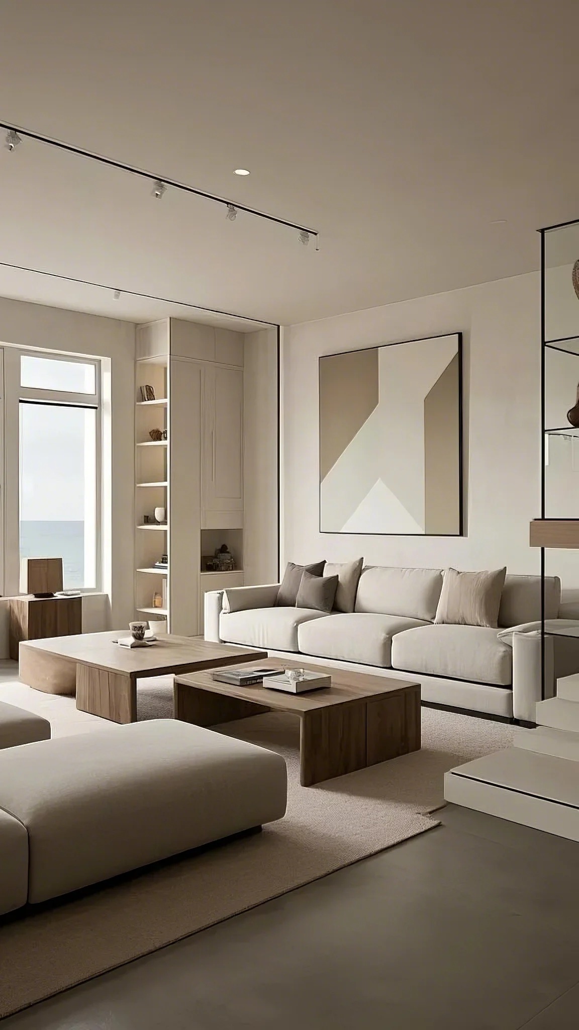 Step into Style: Fresh Modern Living Room Design Ideas
Minimalist living room with beige sofas, a wooden coffee table, and geometric wall art. Large window offers ocean view, creating a serene ambiance.