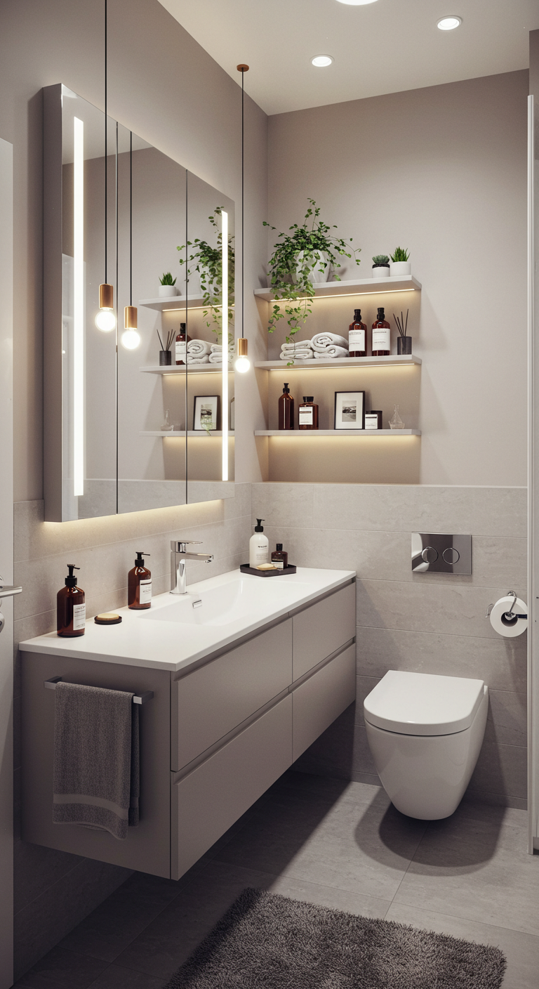 Modern bathroom with sleek gray vanity, large mirror, and pendant lights. Shelves hold plants and bottles. Warm, minimalistic, and inviting atmosphere.