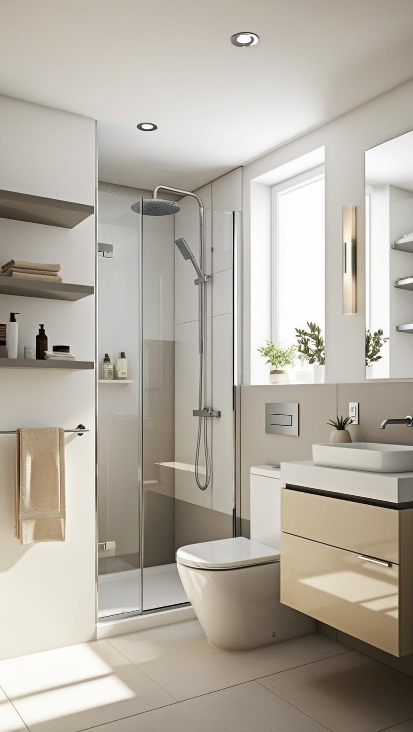 Modern bathroom with a glass shower, sleek fixtures, and beige cabinetry. Minimalist design with sunlight through a window, creating a serene tone.