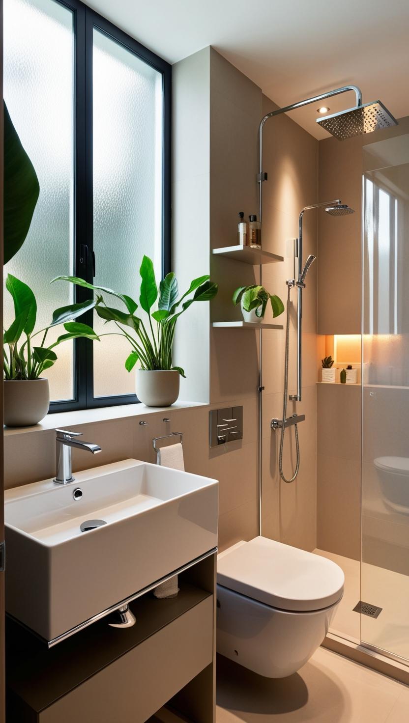 Modern bathroom with beige walls, featuring a sleek white sink and toilet. Large frosted window with plants, glass shower, and minimalist decor.